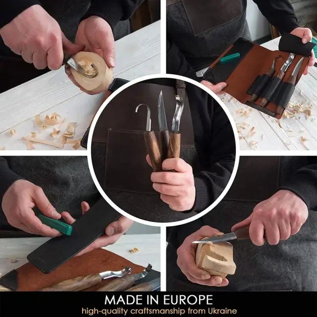 Zestaw 3 narzędzi do rzeźbienia łyżek BeaverCraft z akcesoriami w etui ze skóry