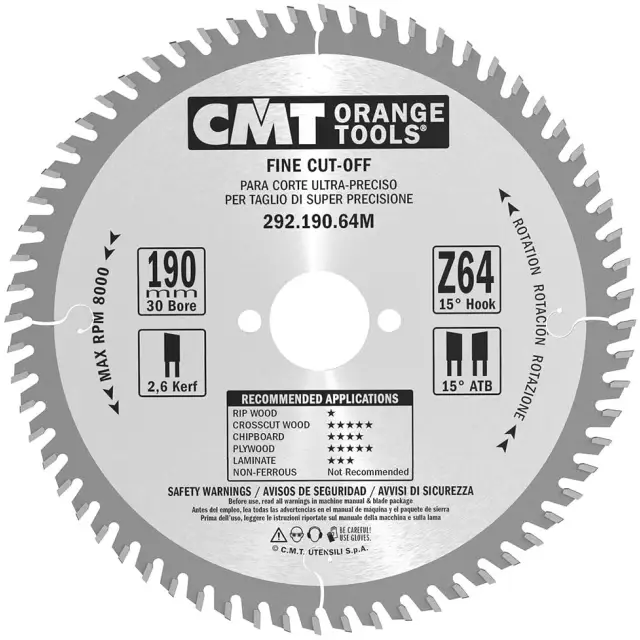 D=190 F=30 Z=64 Piła do elektronarzędzi do cięcia poprzecznego CMT, 292.190.64M