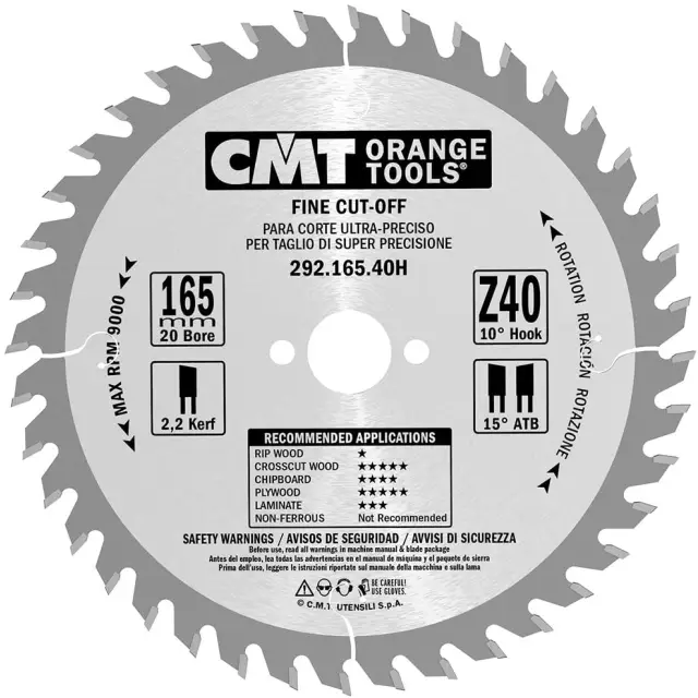 D=165 F=20 Z=40 Piła do elektronarzędzi do cięcia poprzecznego CMT, 292.165.40H