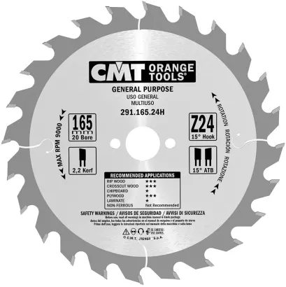 D=165 F=20 Z=24 Piła uniwersalna do elektronarzędzi CMT, 291.165.24H