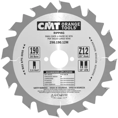 D=190 F=30 Z=12 Piła do ciecia wzdłużnego do elektronarzędzi CMT, 290.190.12M